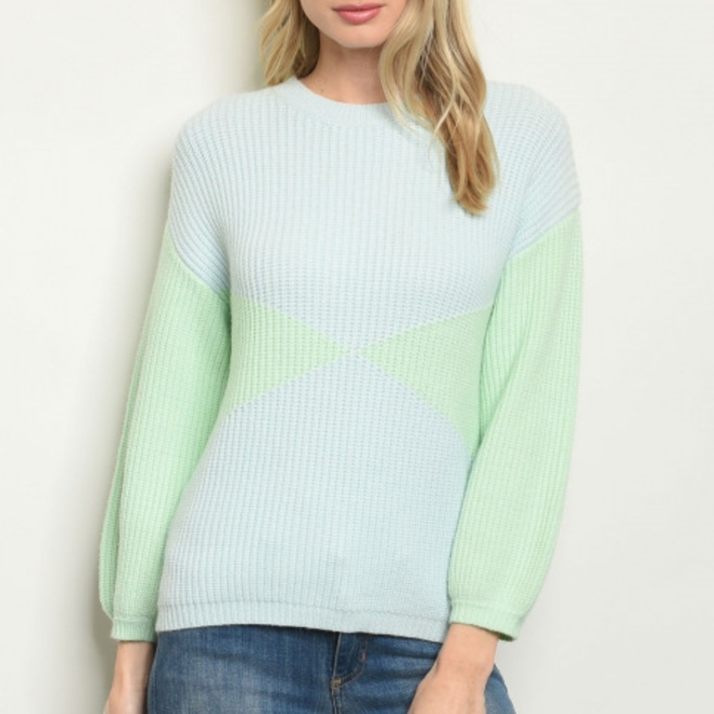 NWT Chunky Knit Blue Mint Sweater Womens Size Small Colorblock Cozy Pullover